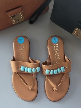 Italian Shoemakers Brown Sandals with Turquoise Stone Accents 7.5